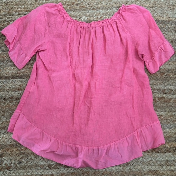Terzo Millennio Large Pink Italian Linen Short Sleeve Blouse with Ruffle Detail - Picture 6 of 6